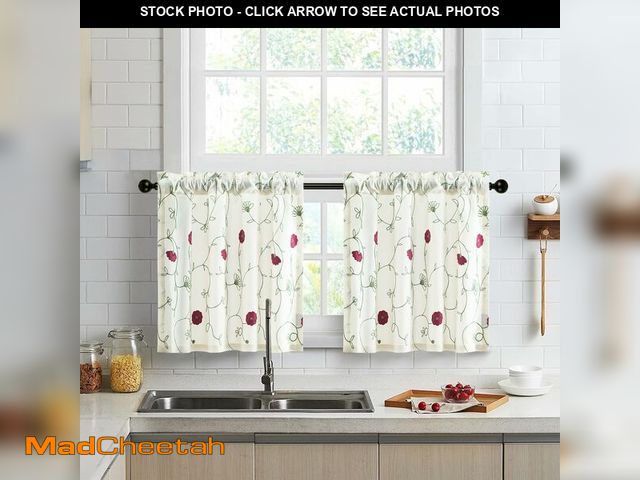 Lot 74-14273899 - VOGOL Red Floral Embroidered Kitchen Curtains, 30 x 24 Inches, 2 Panels - UNUSED
