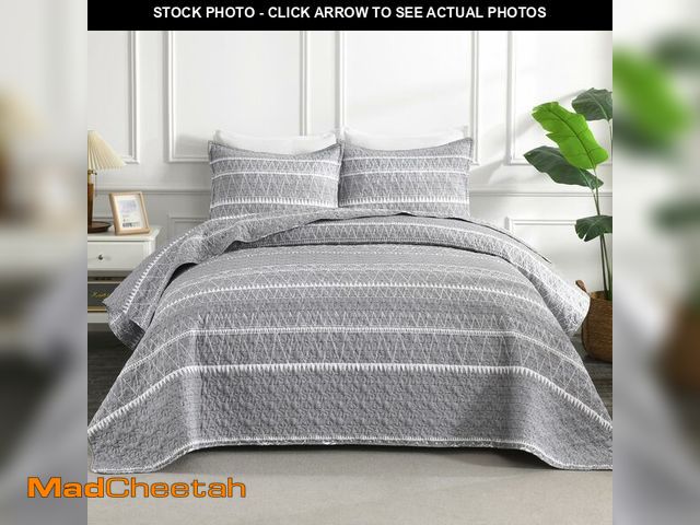 Lot 74-12450432 - Andency Quilt King Size Set Grey (106x96 Inch), 3 Pieces(1 Striped Boho Printed Quilt and 2 Pillowca...