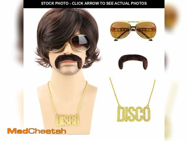 Lot 74-13631126 - TUOFLY Mens Brown Wig 5pcs Set (Wig+ Glasses+ Necklace+ Mustache+ Wig Cap) Short Wavy Shaggy Wig 70s...