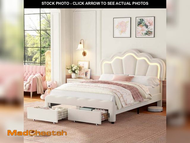 Lot 74-14587312 - Homfa Full Size LED Bed Frame with 2 Drawers, Velvet Upholstered Platform Bed Frame with Adjustable ...