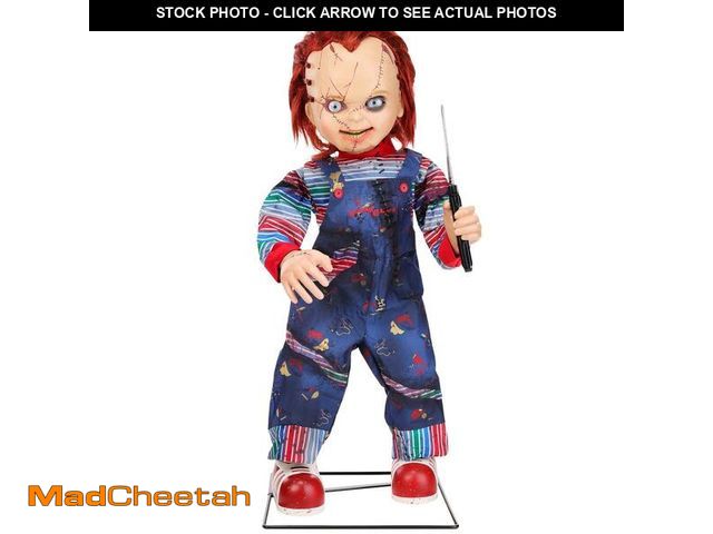Lot 74-12826412 - 3.5ft ANIMATED LED SCARRED CHUCKY DOLL HALLOWEEN ANIMATRONIC - UNUSED