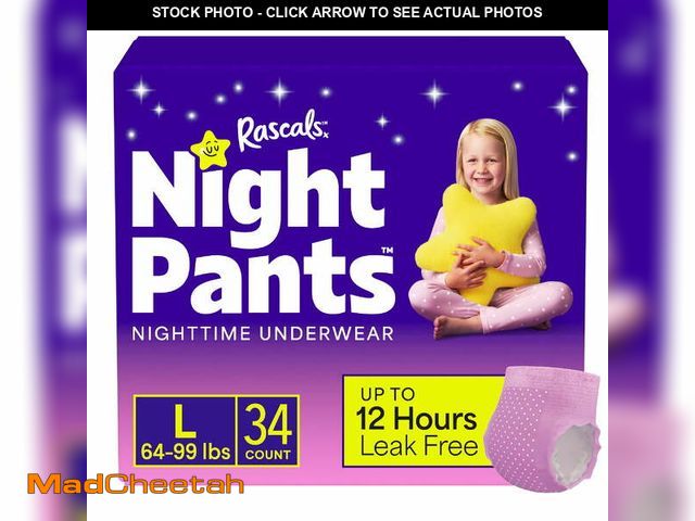Lot 74-12686053 - Rascals Absorbent Disposable Girls Nighttime Bedwetting Underwear, L  (64-99 lbs), 34 count - UNUSED