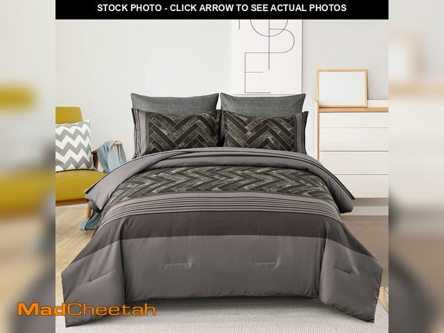 Lot 74-12605082 - Luxudecor Grey Comforter Set King Size, 7 Pieces Grey Stripe Bed in a Bag, Geometric Comforter and S...