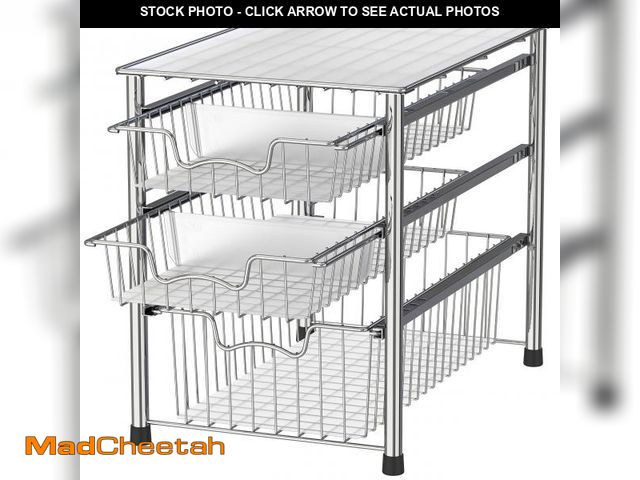 Lot 74-11556616 - Simple Houseware Stackable 3 Tier Sliding Basket Organizer Drawer, Chrome - UNUSED