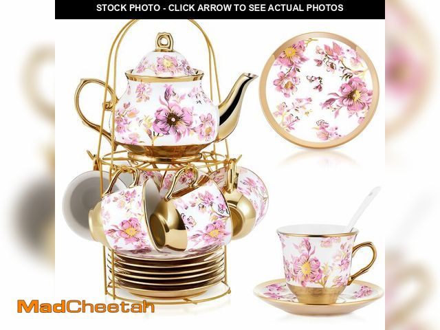 Lot 74-14304452 - Zhehao 20 Pcs Porcelain Tea Set with Metal Holder and Spoon Adult Ceramic Tea Set European Flower Pa...