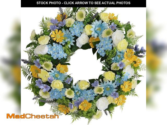 Lot 74-12370923 - BINFEN Faux Silk Flower Spring Summer Easter Wreath 24-26" for Front Door Ã¢â¬â White Ranunculus ...
