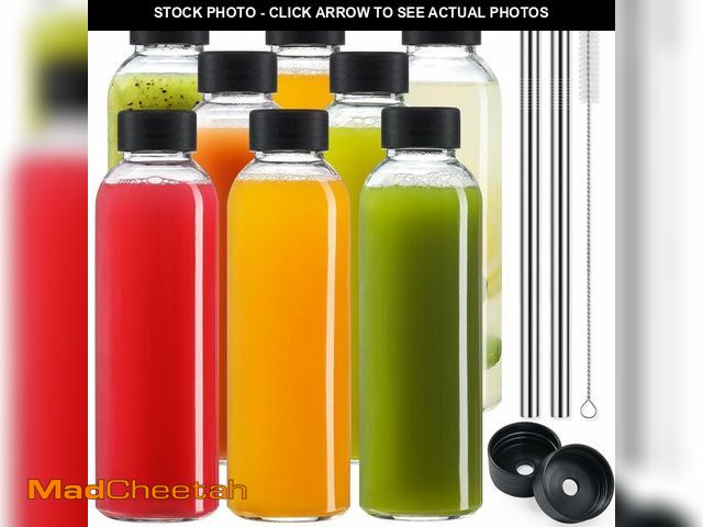 Lot 74-13956544 - [UPGRADED LID] 8 Pack 18 oz Glass Juice Bottles with 8 Airtight Lids &amp;2 Straw Hole Lids &amp;2 S...