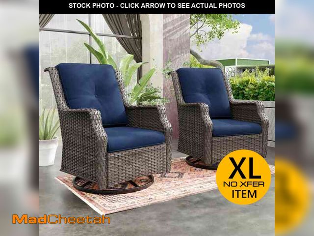 Lot 74-14245989 - JOYSIDE Wicker Patio Outdoor Lounge Chair Swivel Rocking Chair with Blue Cushions (2-Pack) - UNUSED