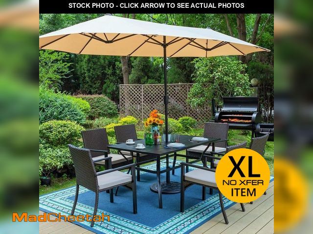 Lot 74-14222323 - PHI VILLA Black 8-Piece Metal Slat Rectangle Table Patio Outdoor Dining Set with Umbrella and Rattan...
