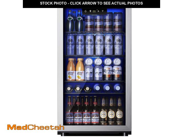 Lot 74-12938983 - Simzlife 130 Can Beverage Refrigerator with Glass Door for Home, 17.3 in D, 31.3 in H, Silver - USED