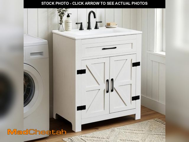 Lot 74-14608792 - Ktaxon Farmhouse 30'' Bathroom Vanity Cabinet without Sink Ceramic Top, Washed White(Only Cabinet) -...