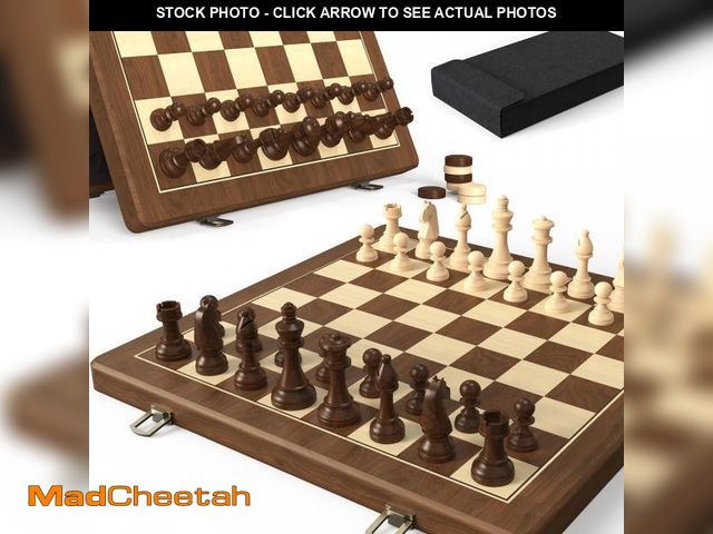Lot 74-12441180 - Premium Natural Walnut 15" Magnetic Wooden Folding Chess &amp; Checkers Set- 2 in 1 Board Game with ...