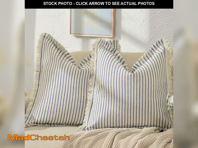 Lot 74-12719415 - ZWJD Throw Pillow Covers 24x24 Set of 2 Blue Striped Pillow Covers with Fringe Chic Cotton Decorativ...