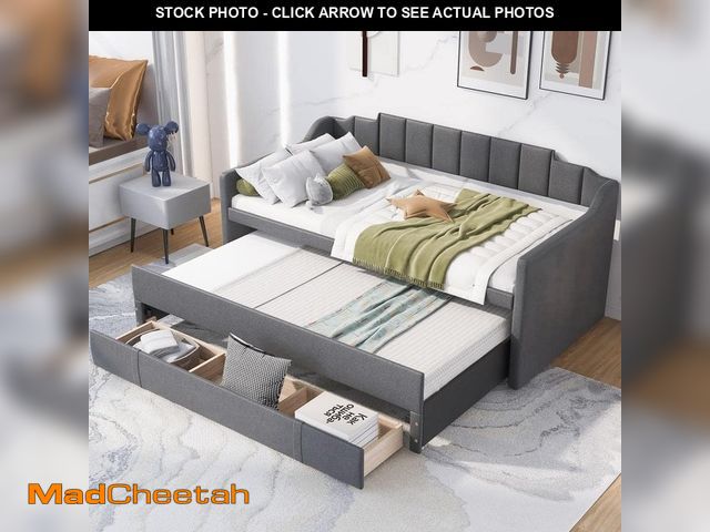 Lot 74-12674159 - *BOX 1 ONLY* Harper &amp; Bright Designs Gray Twin Size Upholstered Daybed with Trundle and 3 Drawer...