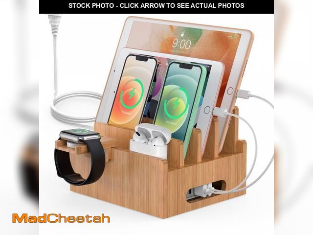 Lot 74-12440871 - Pezin &amp; Hulin Bamboo Charging Station for Multiple Devices with 5 Port USB Charger, 5 Cables, Sm...