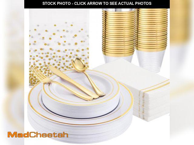 Lot 74-12306975 - GATHER 176 Pieces Gold Dinnerware Disposable - White and Gold Plastic Plates Includes 50 Plates, 25 ...