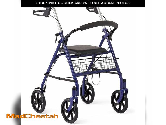 Lot 74-12760340 - Medline Steel Rollator Walker with Seat, Blue, 300 lb. Weight Capacity, 8" Wheels, Foldable, Adjusta...