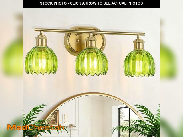 Lot 74-14366372 - Chuntsone Gold Bathroom Light Fixtures, 3-Light Vanity Lights for Bathroom with Ribbed Green Tulip G...