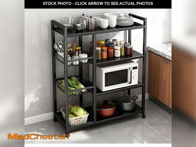 Lot 74-14353782 - Howcool Movable Kitchen Rack w/ Wheels, Heavy-Duty 4-Tier Storage Cart w/ 3 Mesh Baskets , Metal She...