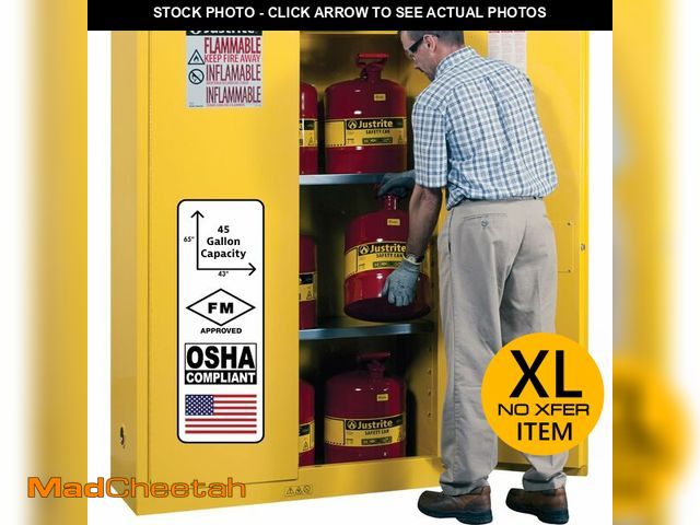 Lot 74-13120443 - Justrite 45 Gallon Self Close Flammable Storage Cabinet, 18 Gauge Steel, 2 Shelves, 2 Door Fire Cabi...
