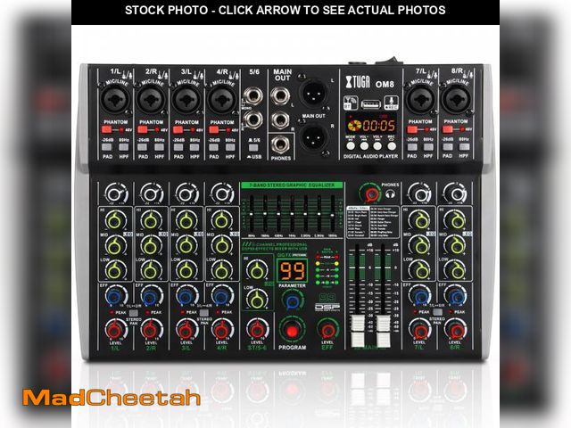 Lot 74-12222604 - XTUGA Audio Mixer 8 Channel for PC, DJ Sound Board with Stereo Equalizer/PAD/HPF, USB/Bluetooth/48V ...