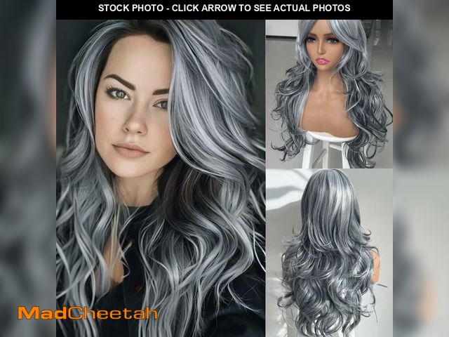 Lot 74-12697954 - Aisaide Long Wavy Gray Layered Wig with Curtain Bangs for Women Synthetic Highlight Grey Layered Wav...