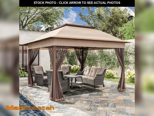Lot 74-14441522 - JOYSIDE 11 ft. x 11 ft. Beige Steel Pop-up Gazebo with Mosquito Netting - UNUSED
