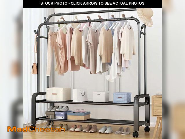 Lot 74-13045914 - Clothes Rack With Wheels, Portable Clothing Rack With Shelves &amp; Hooks, Heavy Duty Garment Racks ...