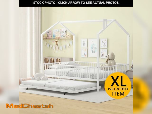 Lot 74-13011833 - Merax Full Size Metal House Bed with Fence &amp; Trundle, Tent Floor Bed for Children, Teenagers, Wh...