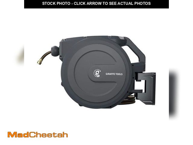 Lot 74-14290813 - Giraffe Tools Garden Retractable Hose Reel-1/2 in.-100 ft.,Mental Bracket, Wall Mounted, Dark Grey -...