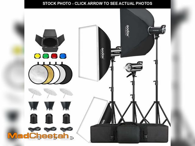 Lot 74-13789494 - Godox 3 Pack SK400II 1200W Studio Strobe Flash Kit, 400W Bowens Mount Monolight, 24Ã¢â¬Âx36Ã¢â¬Â...