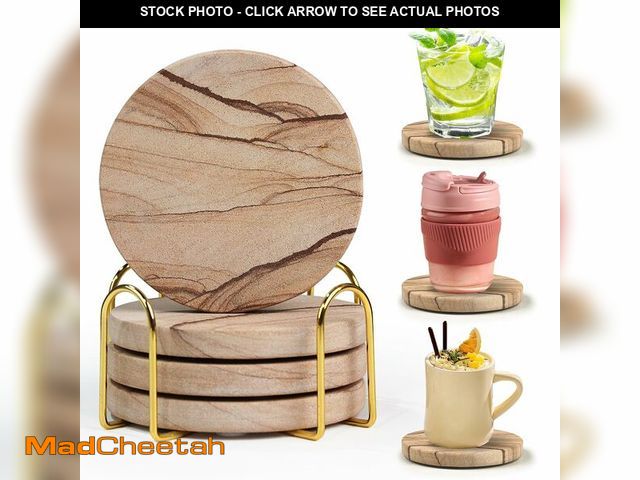 Lot 74-12715221 - Natural Sandstone Coasters Set of 4 with Holder, 4 in Dia Drink Coasters for Coffee Table, Water Abs...