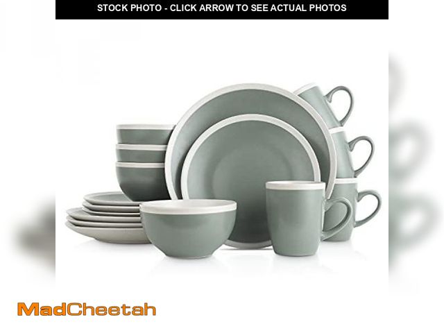 Lot 74-12138042 - Stone Lain Serenity 16-Piece Stoneware Dinnerware, 2-Tone, Speckles, Green and Cream - UNUSED