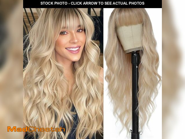 Lot 74-14062258 - MINSEEYOO Blonde Wig with Bangs for Women Long Blonde Wavy Wigs 26 Inch Blonde Wigs Natural Looking ...