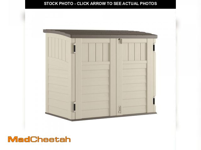Lot 74-12446015 - Suncast 34 Cu Ft Capacity Horizontal Outdoor Storage Shed for Garbage Cans, Garden Accessories, Back...