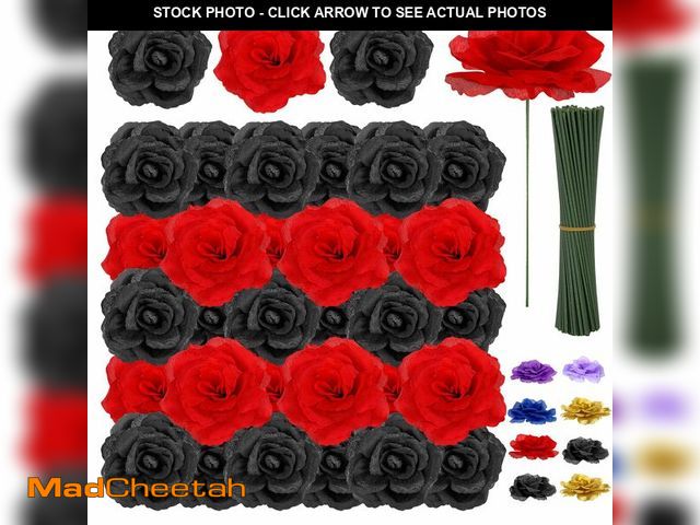 Lot 74-13564962 - 108pcs Roses Head Flowers with Stem - Red Black Artificial Flowers Rose Bulk - Silk Rose Fake Flower...