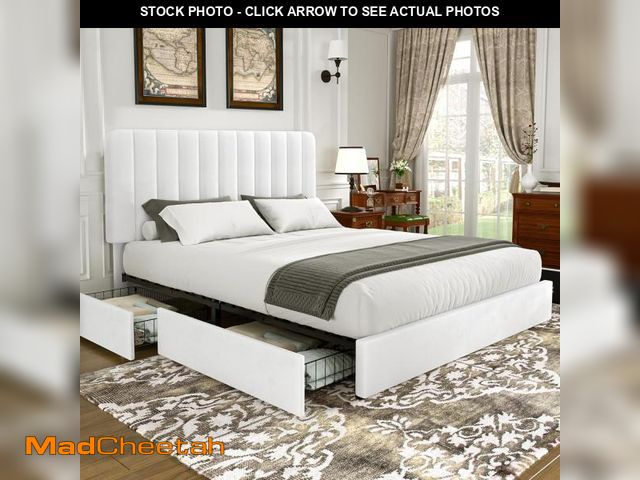Lot 74-12290401 - VECELO Queen Size Upholstered Bed Frame with 4 Drawers and Headboard, Velvet Platform Storage Bedfra...