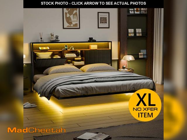 Lot 74-12648712 - Zimtown King Floating Bed Frame, Platform Bed with Charging Station, No Box Spring Needed, Black - U...