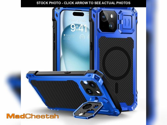 Lot 74-14269317 - Lanhiem for iPhone 15 Metal Case, [Built-in Camera Kickstand &amp; Glass Screen Protector] Heavy Dut...