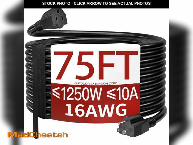 Lot 74-14143302 - 16/3 75 Ft Outdoor Extension Cord Waterproof, Weatherproof &amp; Flame Retardant Black 3 Prong Power...