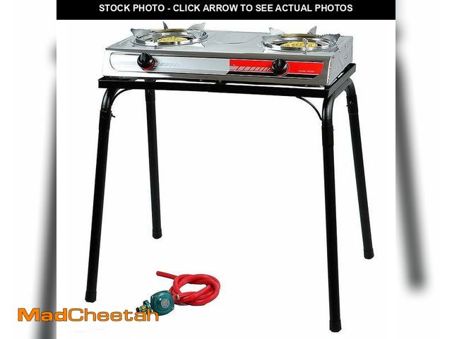 Lot 74-12835414 - XtremepowerUS Outdoor 2 Burner Propane Stove With Stand, Portable Gas Stove, Auto Ignition, Regulato...
