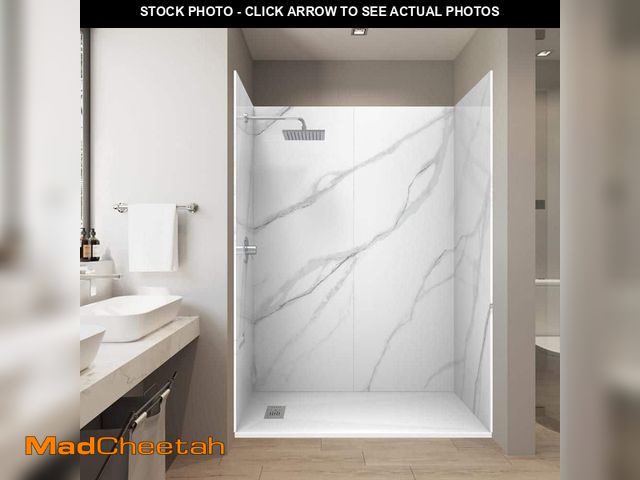 Lot 74-13821061 - CASTICO Calcutta White 32 in. x 60 in.Solid Composite Stone Alcove ShoweWhite Pan Base L/R Drain - U...