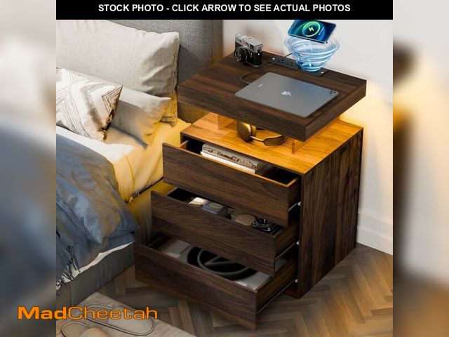 Lot 74-14259195 - Hommpa 3 Drawers Nightstand Wireless Charging Station LED Bedside Table Dark Walnut Night Table Mode...