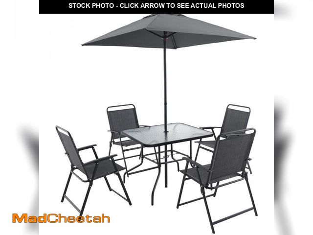 Lot 74-12479561 - Chery Industrial 6 Piece Patio Furniture Set with Umbrella, Outdoor Patio Dining Set with 4 Folding ...