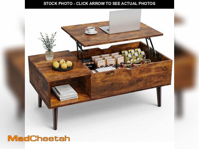 Lot 74-12782552 - edx Adjustable Height Wooden Coffee Table with Hidden Compartments and Shelves - Perfect for Small H...