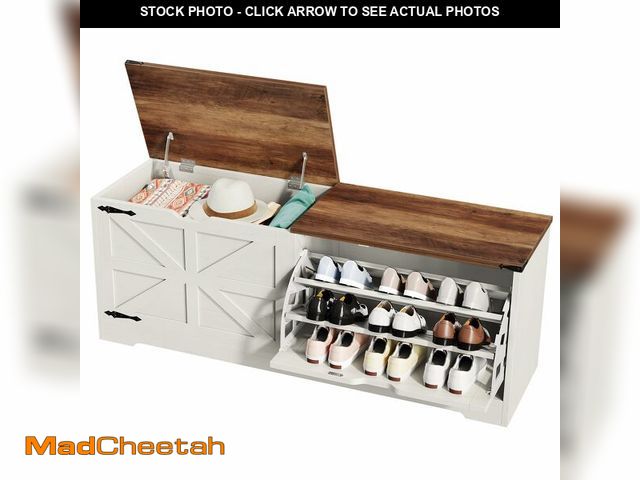 Lot 74-12786471 - DWVO Shoe Storage Bench, 55" L Shoe Cabinet with 3 Flip Drawer &amp; Flip-Top Storage, Farmhouse Mod...