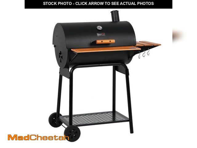Lot 74-14112824 - Royal Gourmet Barrel Charcoal Grill with Wood-Painted Side and Front Table, for Picnic, Camping, Pat...