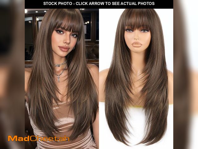 Lot 74-13539957 - Allbell Highlight Dark Brown Wigs for Women 4x4 Realistic Scalp Free Parting Long Straight layered W...