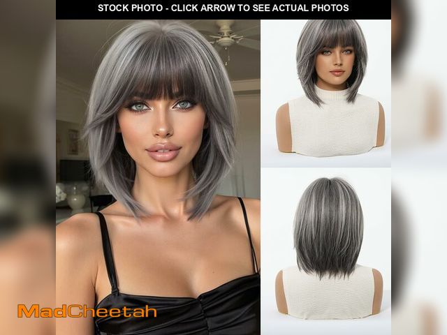 Lot 74-14065651 - Tumhorn Ombre Grey Highlight Short Bob Wig with Bangs for Women Synthetic Shoulder Length Synthetic ...