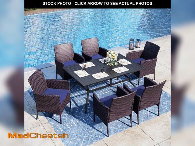 Lot 74-12032397 - PHI VILLA 7-Piece Black Metal Patio Outdoor Dining Set with Slat Rectangular Table and Rattan Chairs...